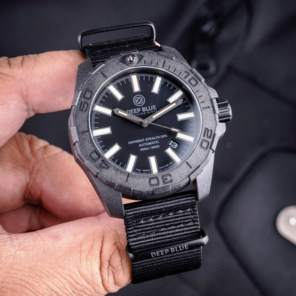 DEEP BLUE Daynight Stealth OPS Carbon Tritium Auto 44MM DB02 - BK - BL - Nato - Lam Workshop