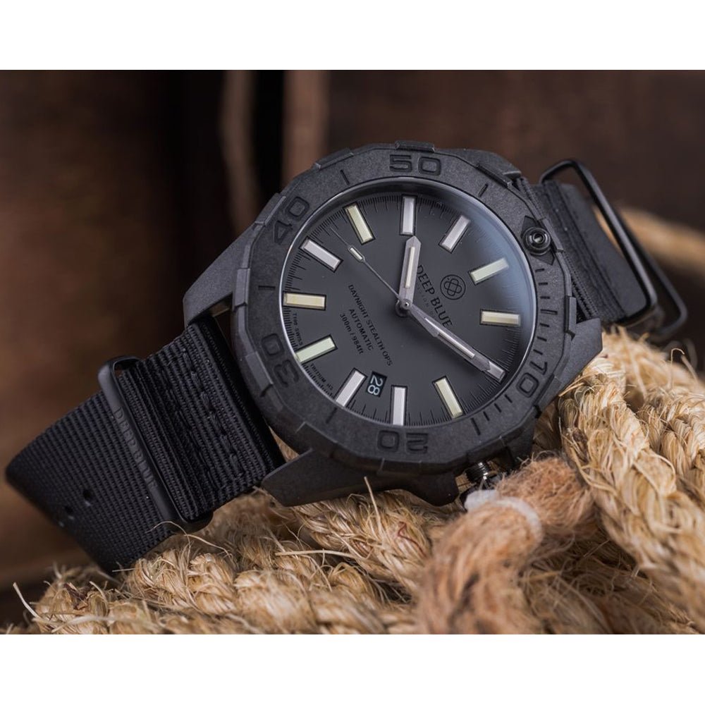 DEEP BLUE Daynight Stealth OPS Carbon Tritium Auto 44MM DB02 - BK - GN - Nato - Lam Workshop