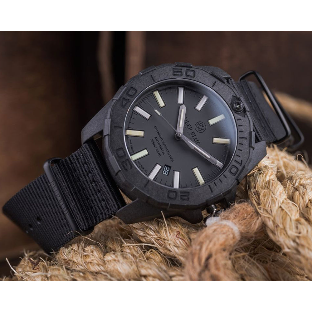 DEEP BLUE Daynight Stealth OPS Carbon Tritium Auto 44MM DB02-BK-GN-Nato