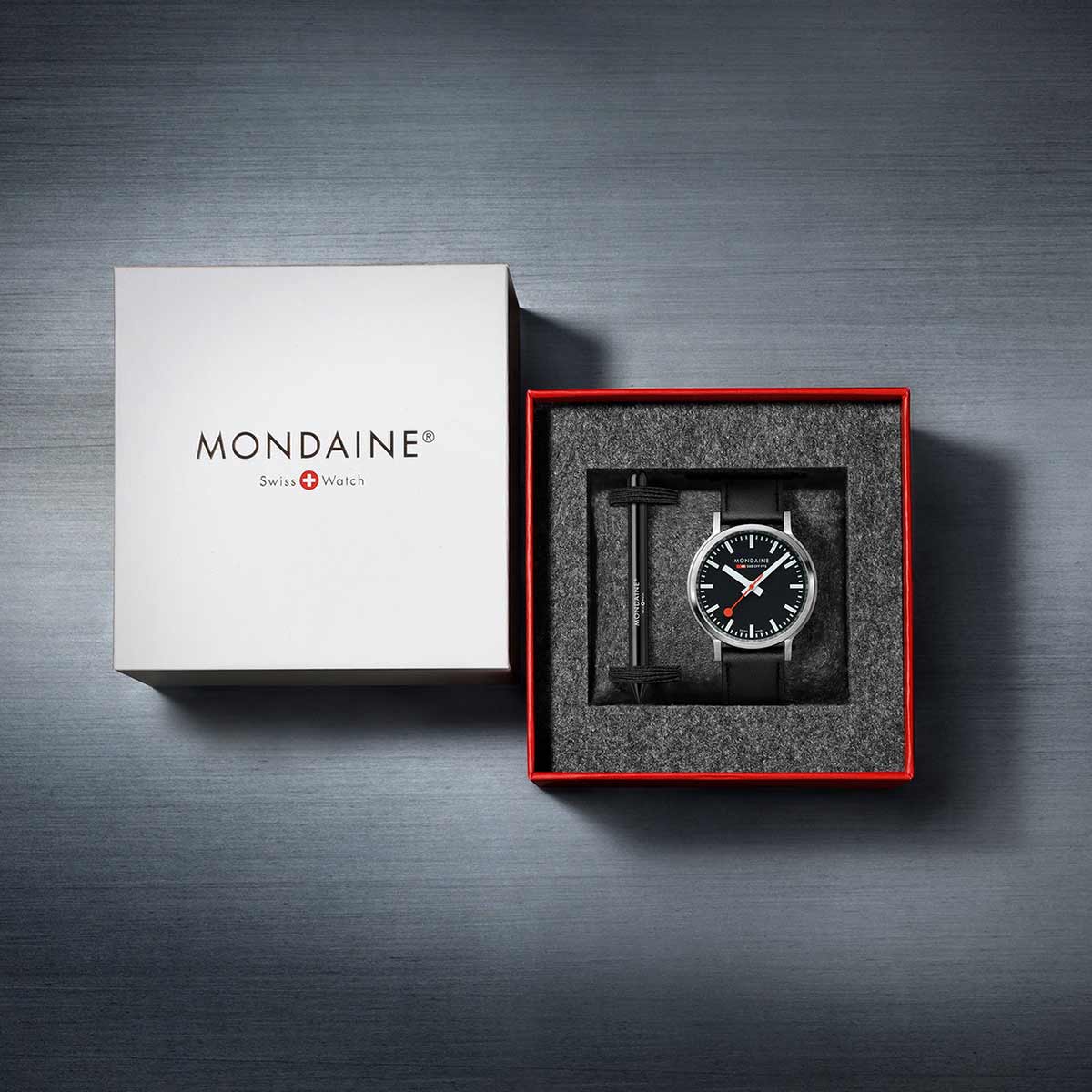 MONDAINE Stop2Go Watch 41mm Black Face Black Leather Strap – Lam Workshop